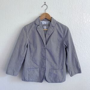 Liz Claiborne Seersucker Blazer Navy White Striped Three-Button Lined 3/4 Sleeve